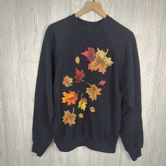 Vintage 90s Tultex Maximum Sweats Black Floral Fall Leaves Crewneck Sweater L - Picture 2 of 6